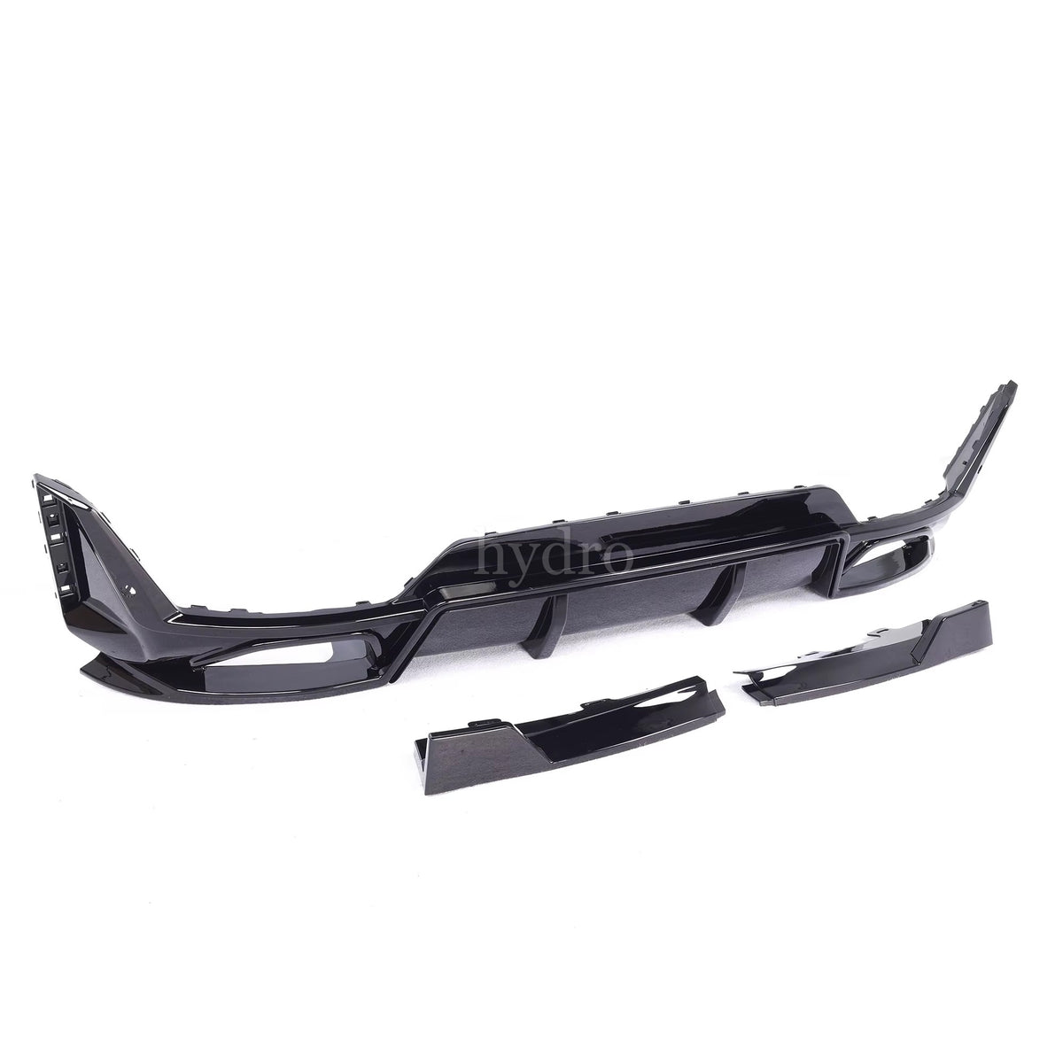 Black glossy plastic automotive body trim kit with multiple molded pieces, shown on a plain white background. A faint 'hydro' watermark is visible across the center.
